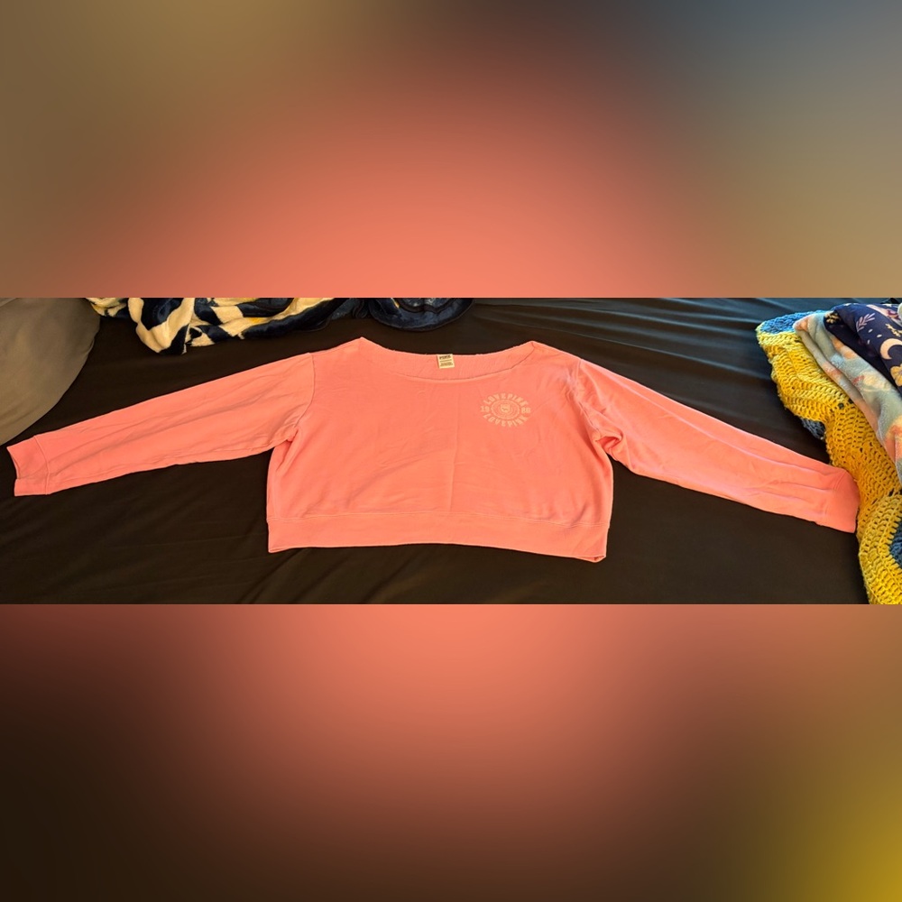 PINK Victoria's Secret Cropped Sweatshirt muted neon pink off shoulder GUC XXL